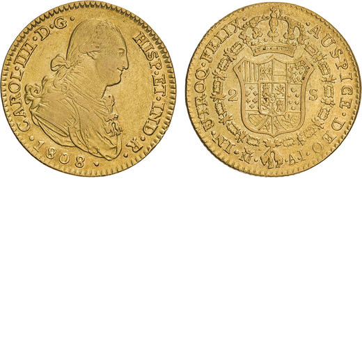 ZECCHE ESTERE. SPAGNA. CARLO IV (1788-1808). 2 SCUDI 1808  Madrid. Oro, 6,78gr, 22mm. BB.<br>D: Bust