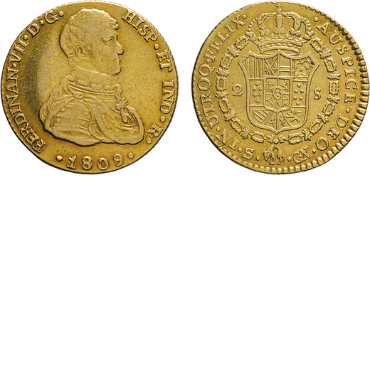 ZECCHE ESTERE. SPAGNA. FERDINANDO VII (1808-1833). 2 SCUDI 1809  Siviglia. Oro, 6,67gr, 22x23mm. BB.