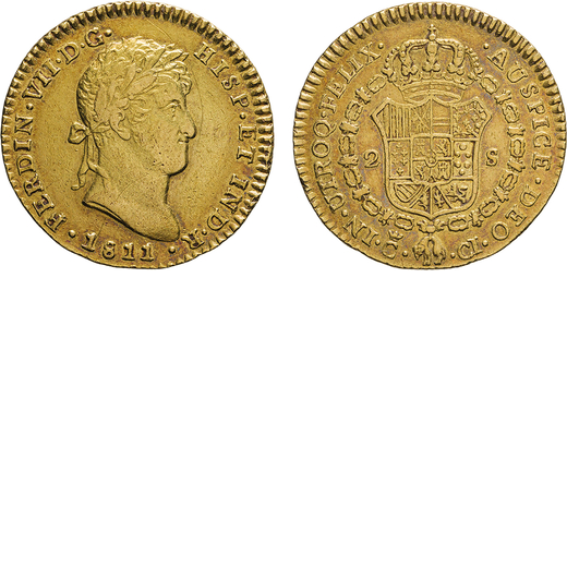 ZECCHE ESTERE. SPAGNA. FERDINANDO VII (1808-1833). 2 SCUDI 1811  Cadice. Oro, 6,79gr, 23mm. BB.<br>D