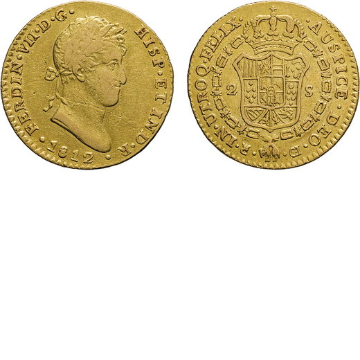 ZECCHE ESTERE. SPAGNA. FERDINANDO VII (1808-1833). 2 SCUDI 1812  Cadice. Oro, 6,76gr, 22x23mm. BB.<b