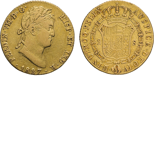 ZECCHE ESTERE. SPAGNA. FERDINANDO VII (1808-1833). 2 SCUDI 1827  Madrid. Oro, 6,73gr, 21mm. BB.<br>D