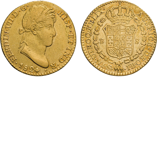 ZECCHE ESTERE. SPAGNA. FERDINANDO VII (1808-1833). 2 SCUDI 1824  Siviglia. Oro, 6,39gr, 22mm. BB.<br