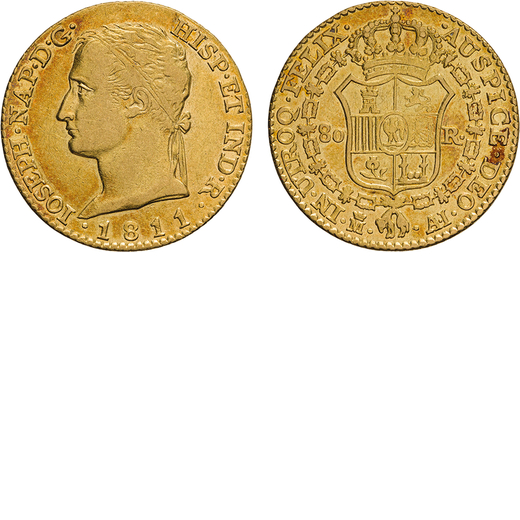 ZECCHE ESTERE. SPAGNA. GIUSEPPE NAPOLEONE (1808-1814). 80 REALI 1811 Madrid. Oro, 6,65gr, 21x22mm. B