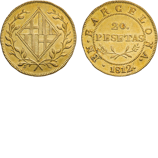 ZECCHE ESTERE. SPAGNA. BARCELLONA. GIUSEPPE NAPOLEONE (1808-1814). 20 PESETAS 1812 Oro, 6,74gr, 22x2
