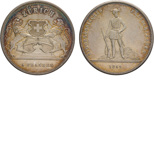ZECCHE ESTERE. SVIZZERA. ZURIGO. 5 FRANCHI 1859 Argento, 25, 10gr, 37mm. SPL<br>D: Due leoni reggono