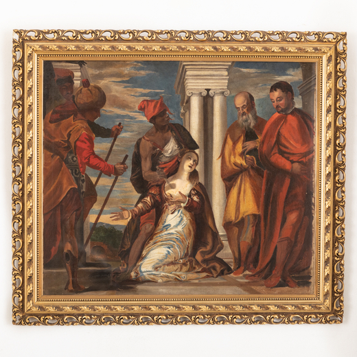 PAOLO VERONESE (copia da) (Verona, 1528 - Venezia, 1588)<br>Il martirio di Santa Giustina<br>Olio su