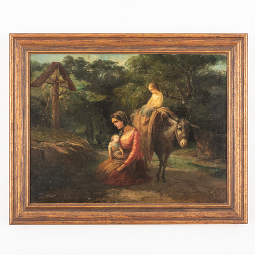 PITTORE DEL XIX SECOLO <br>Paesaggio con viandanti <br>Olio su tela, cm 56X74