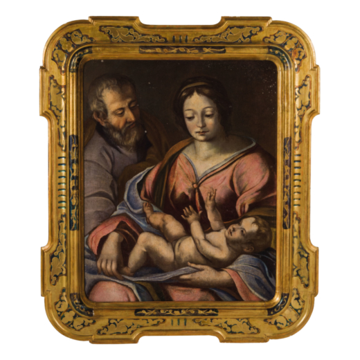 PITTORE DEL XVII-XVIII SECOLO  Sacra Famiglia<br>Olio su tela, cm 85X69