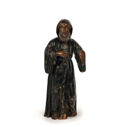 SCULTURA IN LEGNO LACCATO, XVIII SECOLO  raffigurante abate, poggia su base in legno e velluto non p