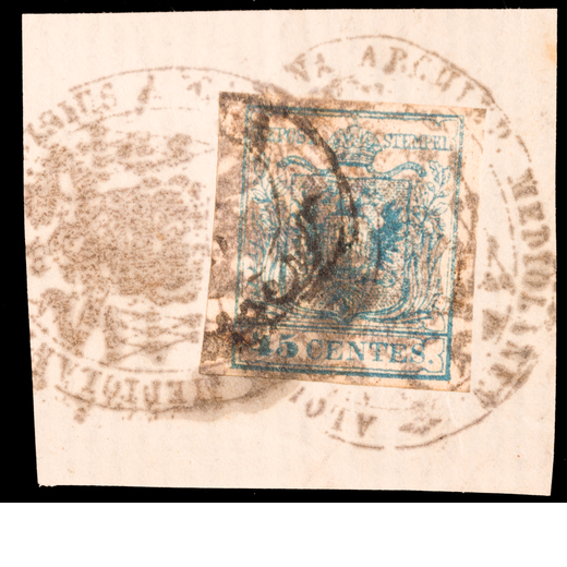 ANTICHI STATI ITALIANI, LOMBARDO VENETO 1850, PRIMA EMISSIONE CARTA A MANO 45 C. AZZURRO III TIPO SU