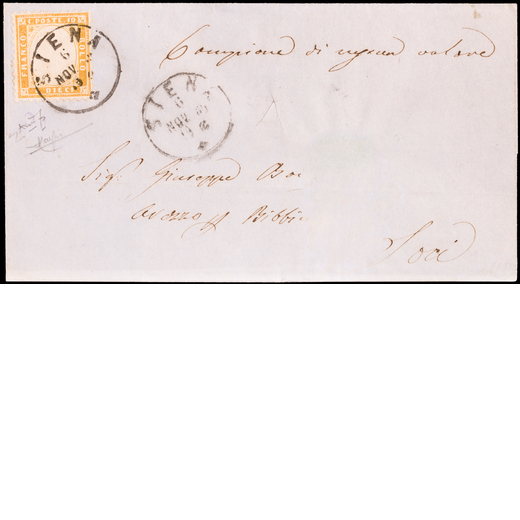 REGNO DITALIA 1862, EFFIGIE DI VITTORIO EMANUELE II IN RILIEVO 10 C. GIALLO OLIVASTRO SU LETTERA<br>