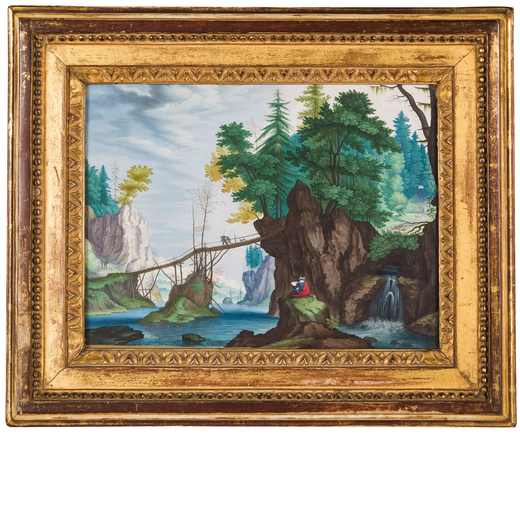 PAUL BRILL (maniera di)  (Anversa, 1554 - Roma, 1626) <br>Paesaggio con fiume e ponte <br>Tempera su