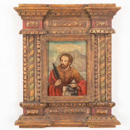 PITTORE DEL XVIII SECOLO Figura di Santo<br>Olio su tela, cm 25X18