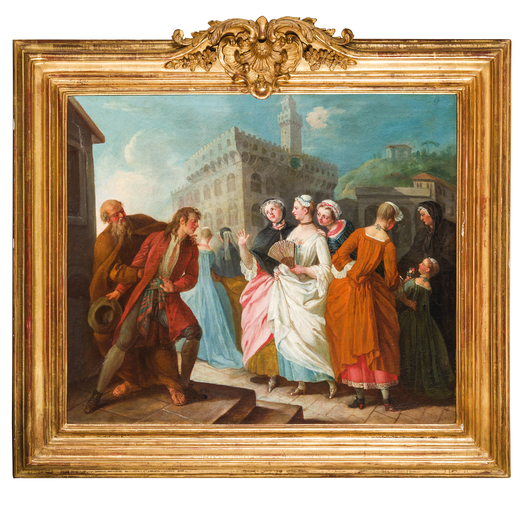 GIUSEPPE ZOCCHI (attr. a) (Firenze, 1717 - 1767)<br>Veduta di Palazzo Vecchio con scena di genere<br