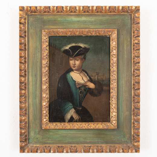 PITTORE VENETO DEL XVIII SECOLO Ritratto di dama con veduta di Venezia sullo sfondo<br>Olio su tela,