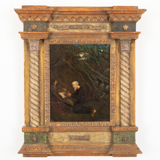 PITTORE DEL XVIII SECOLO San Girolamo in preghiera<br>Olio su tavola, cm 32X25,5