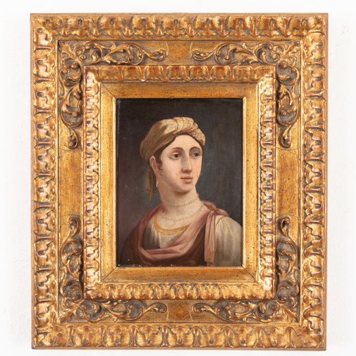 PITTORE DEL XVIII SECOLO Ritratto di donna<br>Olio su tavola, cm 25X19