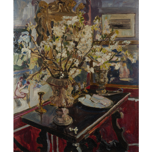 MARIO CAVAGLIERI Rovigo 1887 - Peyloubere 1969<br>Interno con vaso di fiori<br>Olio su tela cartonat
