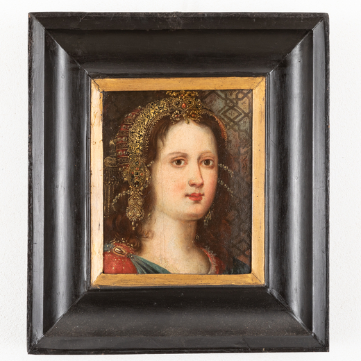 LUCA MOMBELLO (attr. a) (Orzivecchi, 1518/1520 - 1588/1596)<br>Ritratto di donna<br>Olio su tavola, 