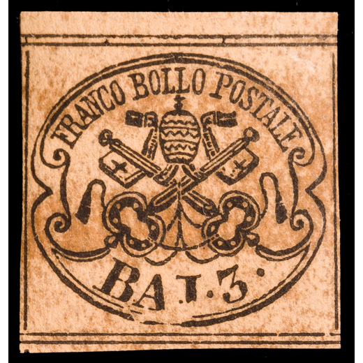 ANTICHI STATI ITALIANI, STATO PONTIFICIO 1852, PRIMA EMISSIONE 3 BAJ. BRUNO CUOIO CHIARO (TIRATURA D
