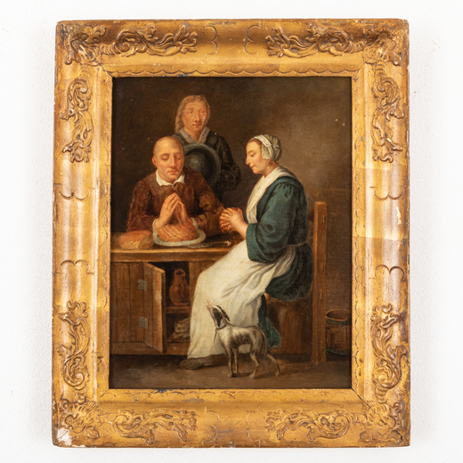 JACOB VAN STRIJ   (Dordrecht, 1756 - 1815)<br>Scena di interno<br>Olio su tavola, cm 37,5X29,5