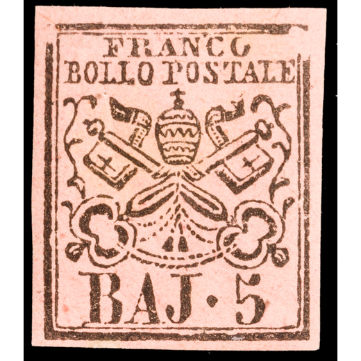 ANTICHI STATI ITALIANI, STATO PONTIFICIO 1852, PRIMA EMISSIONE 5 BAJ. ROSA VINACEO (TIRATURA DEL 185