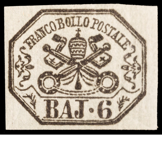 ANTICHI STATI ITALIANI, STATO PONTIFICIO 1852, PRIMA EMISSIONE 6 BAJ. GRIGIO VERDASTRO CARTA A MANO<
