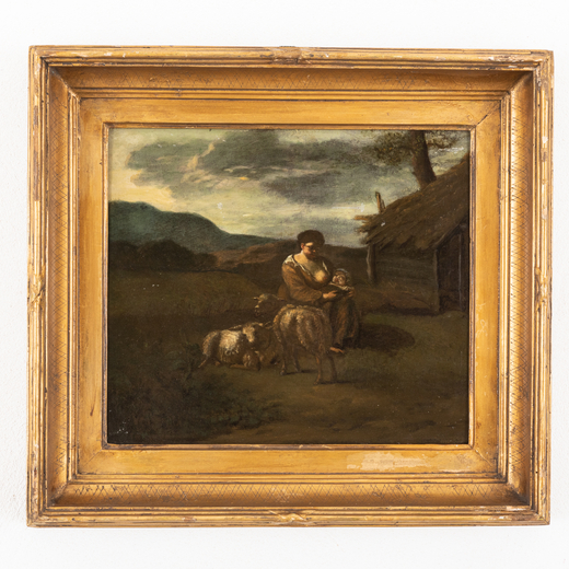 PITTORE DEL XVIII SECOLO Paesaggio bucolico<br>Olio su tavola, cm 31X36,5