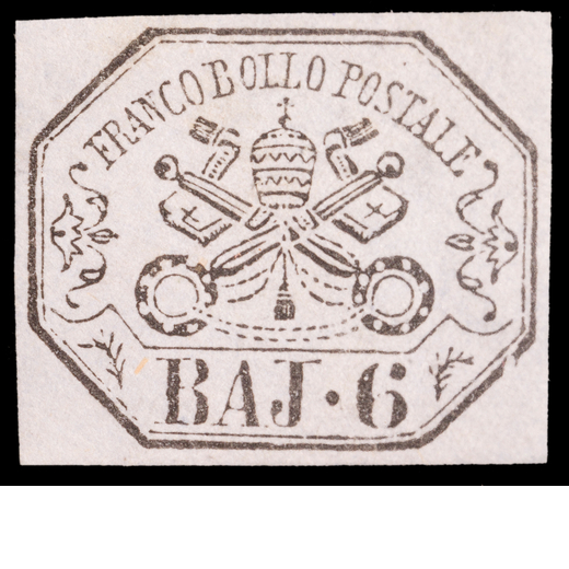 ANTICHI STATI ITALIANI, STATO PONTIFICIO 1852, PRIMA EMISSIONE 6 BAJ. LILLA GRIGIO (TIRATURA DEL 186