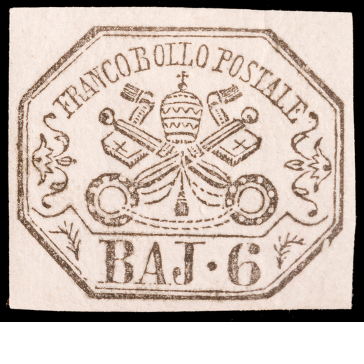 ANTICHI STATI ITALIANI, STATO PONTIFICIO 1852, PRIMA EMISSIONE 6 BAJ. GRIGIO PERLA (TIRATURA DEL 186