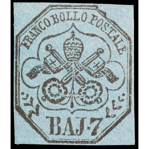 ANTICHI STATI ITALIANI, STATO PONTIFICIO 1852, PRIMA EMISSIONE 7 BAJ. AZZURRO CARTA A MANO<br>nuovo 