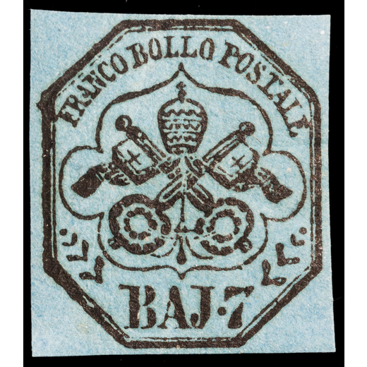 ANTICHI STATI ITALIANI, STATO PONTIFICIO 1852, PRIMA EMISSIONE 7 BAJ. AZZURRO CHIARO CARTA A MANO<br