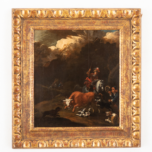 ABRAHAM HONDIUS (attr. a) (Rotterdam, 1625/1631 - Londra, 1691)<br>Scena di caccia<br>Olio su tavola