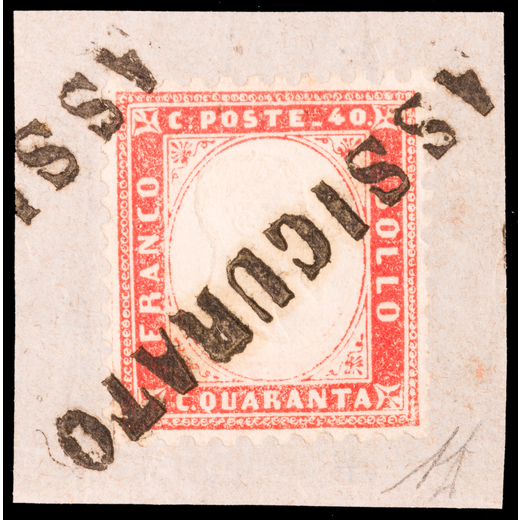REGNO DITALIA 1862, EFFIGIE DI VITTORIO EMANUELE II IN RILIEVO 40 C. ROSSO CARMINIO SU FRAMMENTO CON