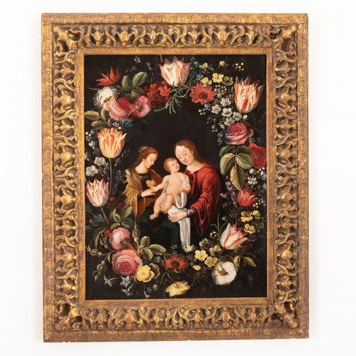 PHILIPPE DE MARLIER (attr. a) (Anversa, intorno al 1600 - 1667/68)<br>Ghirlanda con la Madonna col B