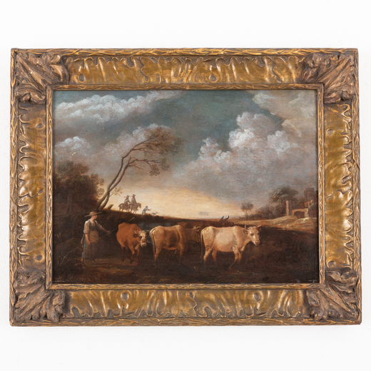 PITTORE OLANDESE DEL XVIII SECOLO Paesaggio pastorale<br>Olio su tavola, cm 38,5X51,5