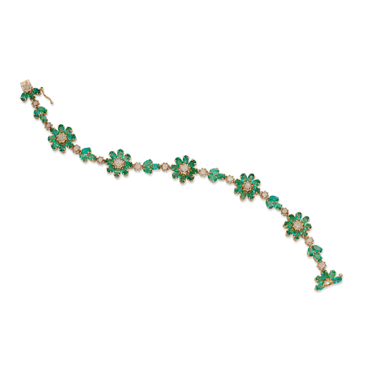 BRACCIALE IN ORO 14KT, SMERALDI E DIAMANTI  decorato con elementi floreali in smeraldi taglio goccia