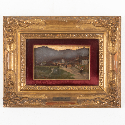 EMILIO GOLA Milano, 1851 - 1923<br>Paesaggio campestre<br>Olio su tavola, cm 12X19