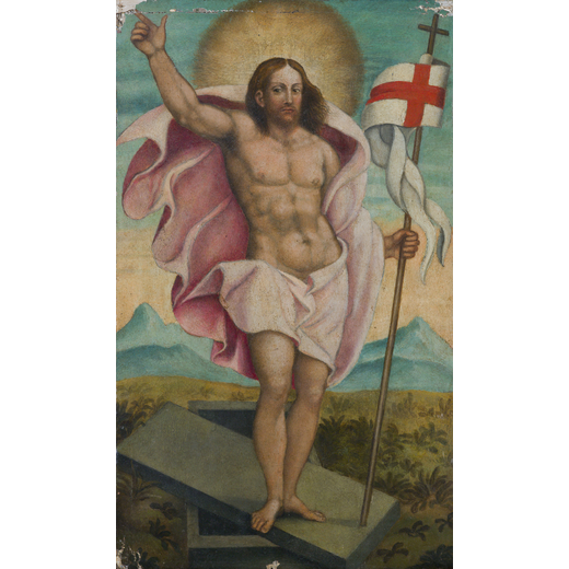 PITTORE DEL XVI SECOLO Resurrezione di Cristo<br>Olio su tela, cm 36X21