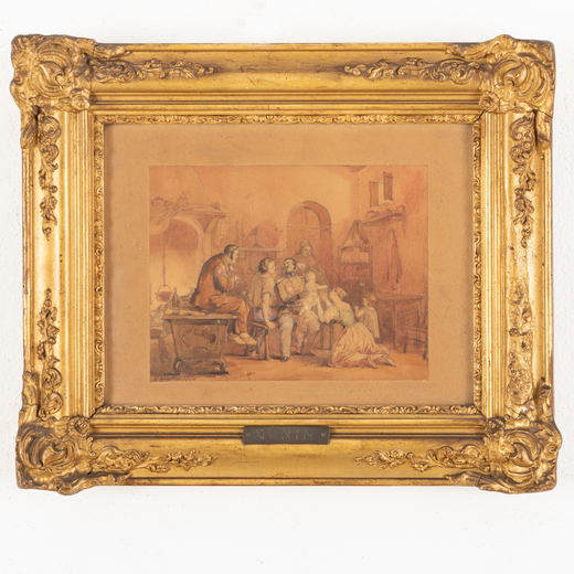 GUIDO GONIN Torino 1833 - Francia 1906<br>Famiglia in un interno<br>Firmato G Gonin e datato 1854 in