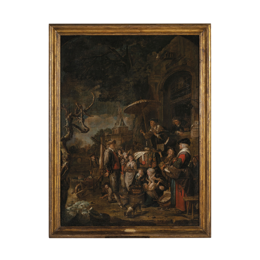 PITTORE FIAMMINGO DEL XVII-XVIII SECOLO Scena di mercato con medico ciarlatano<br>Olio su tela, cm 1