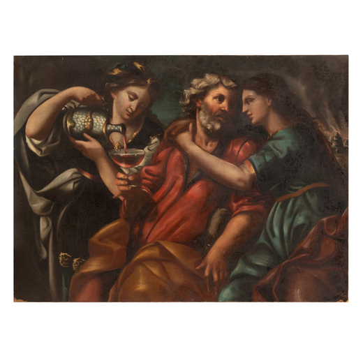 PITTORE DEL XVIII SECOLO Loth e le figlie<br>Olio su tela, cm 108X147