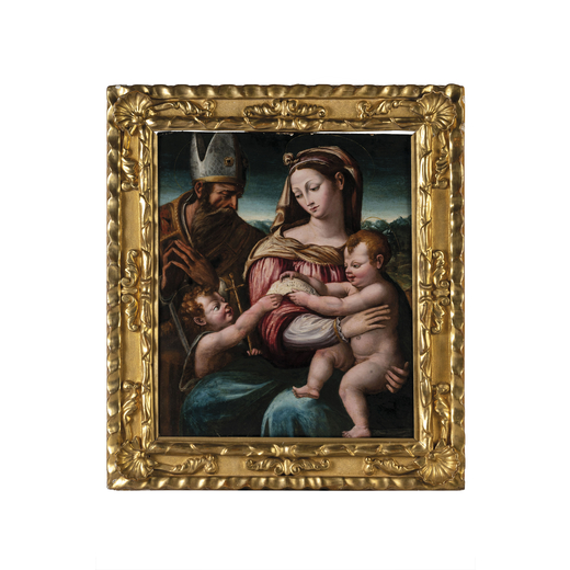 INNOCENZO DI PIETRO FRANCUCCI DA IMOLA  (Imola, 1490 - Bologna, 1550)<br>Madonna con il Bambino, San