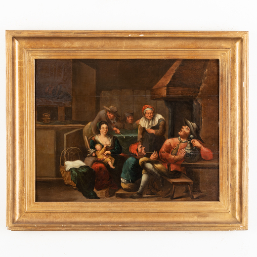EGBERT VAN HEEMSKERCK (attr. a) (Haarlem, 1638 - Londra, 1704)<br>Scena dinterno<br>Olio su tavola, 