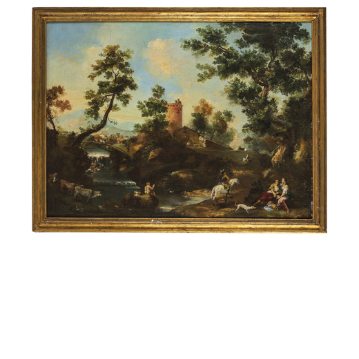 GIOVANNI BERNARDINO BISON (Palmanova, 1762 - Milano, 1844)<br>Paesaggio<br>Olio su tela, cm 87X117,5