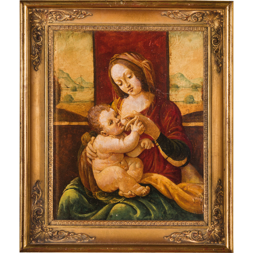 PITTORE DEL XIX SECOLO Madonna col Bambino<br>Olio su tavola, cm 30X25
