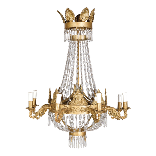 LAMPADARIO IN BRONZO DORATO, XIX SEXOLO di gusto impero, a otto luci su bracci mossi e bobeches flor