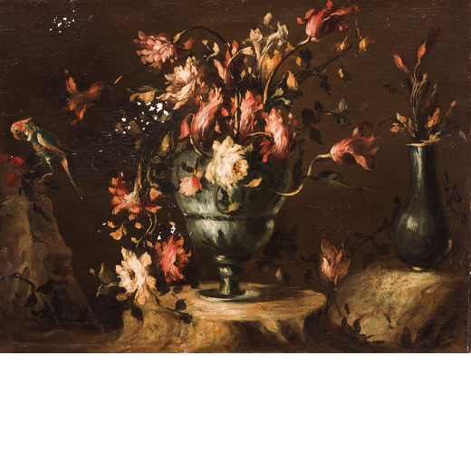 MAESTRO DEI FIORI GUARDESCHI (attivo a Venezia 1730 - 1760)<br>Vaso fiorito<br>Olio su tela, cm 47X6