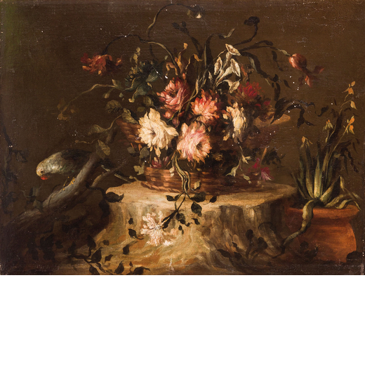 MAESTRO DEI FIORI GUARDESCHI (attivo a Venezia 1730 - 1760)<br>Vaso fiorito<br>Olio su tela, cm 47X6