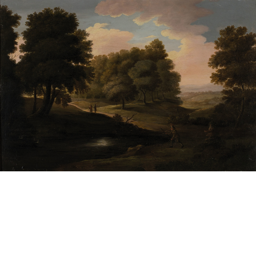 PITTORE DEL XIX SECOLO <br>Paesaggio con figure<br>Olio su cartocino, cm 34X50